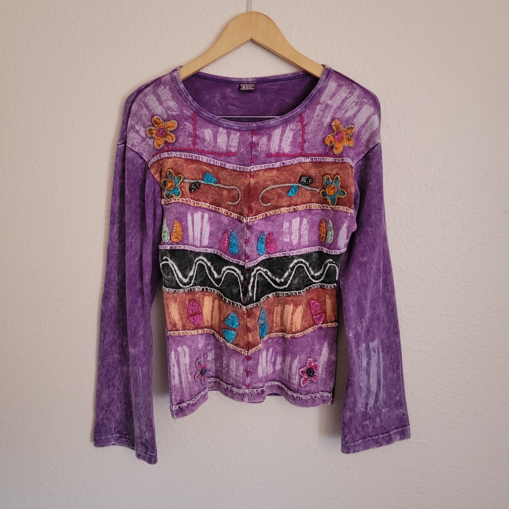 KPC Knit Embellished Funky Purple Vintage Floral Long Sleeve Top 90s Orange Art